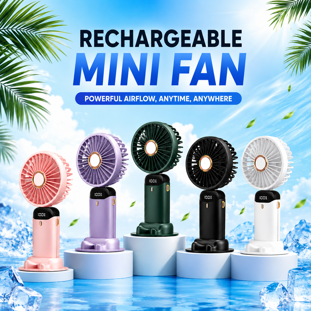 5-in-1 Rechargeable Mini Fan with Digital Display.